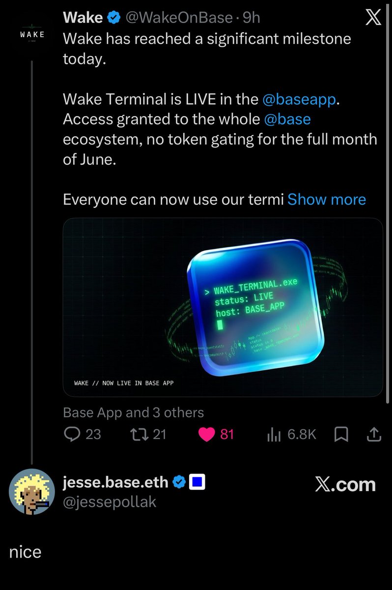 WakeOnBase's tweet photo. CEO of @base likes Wake.

Much appreciated @jessepollak. https://t.co/dKZ4cMs50N