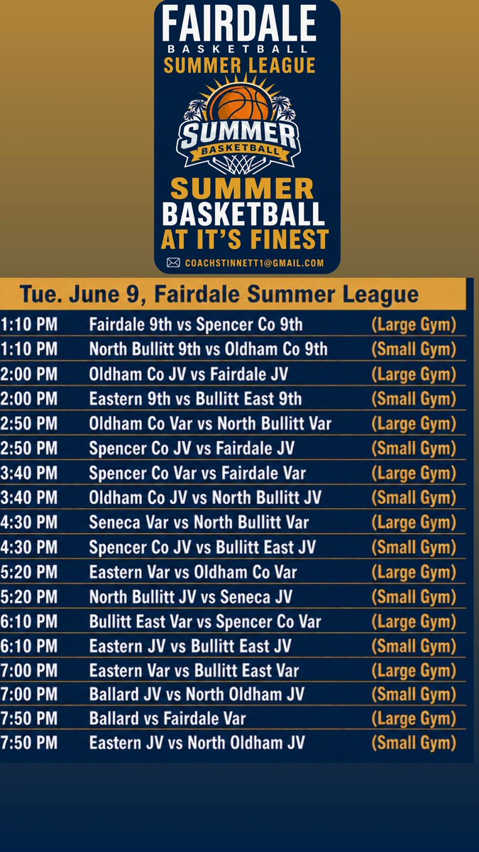FHSBasketball11's tweet photo. Schedule tomorrow (Tuesday, June 9) at the Fairdale Summer League! $5 Admission/Concessions  @spencer_boys @OldhamCoMBB @behsbasketball @BEBasketball @NBHS_BoysBball @senecambb @EasternHSBBall @nohs_basketball https://t.co/nYjAcNtRsM