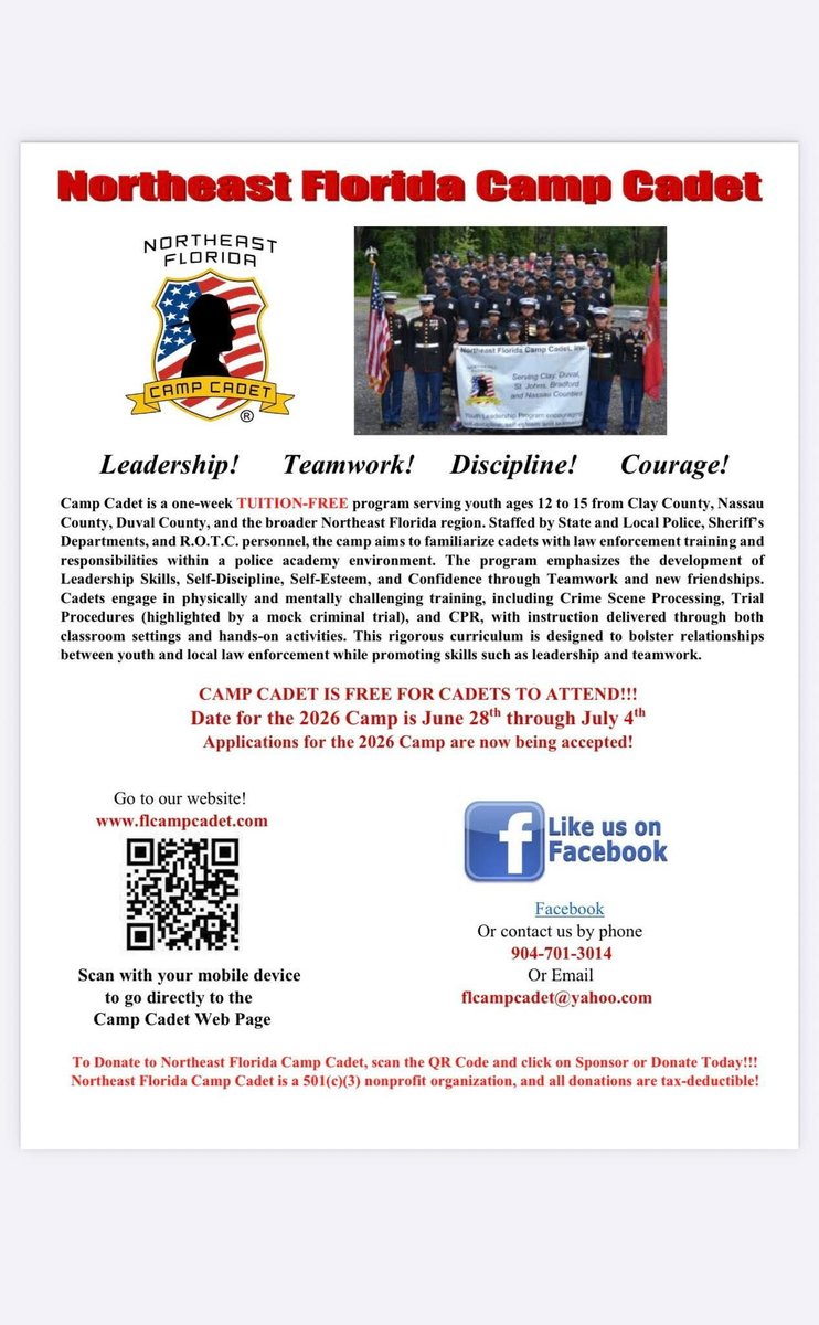 OPPoliceDept's tweet photo. ****Northeast Florida Camp Cadet has some spots available and there’s still time to get your child’s application submitted before the 2026 program begins (June 28th - July 4th)**** 

****NO COST TO ATTEND IF YOUR CHILD SUCCESSFULLY COMPLETES THE APPLICATION PROCESS**** https://t.co/GDHwOuejor