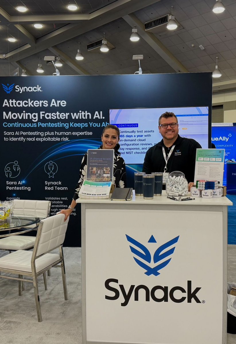 synack's tweet photo. Synackers Anthony, Josh, and Dina were busy at #technetcyber 2026 in Baltimore last week, discussing with attendees how Synack helps federal teams continuously identify and reduce real exploitable risk with Sara AI Pentesting.

Thank you @AFCEACyberExpo for a great event! https://t.co/WteEh0ODyp
