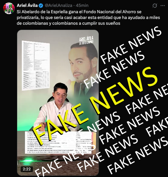 MikyRodriguezO1's tweet photo. Otro #FakeNews de @ArielAnaliza a la campaña de @ABDELAESPRIELLA. Ni Abelardo ni @jrestrp  han hablado de Privatizar el Fondo Nacional del Ahorro. Están desesperados y vendrán más mentiras y más ataques de Cepeda y sus camaradas. RT https://t.co/0askor7PhX