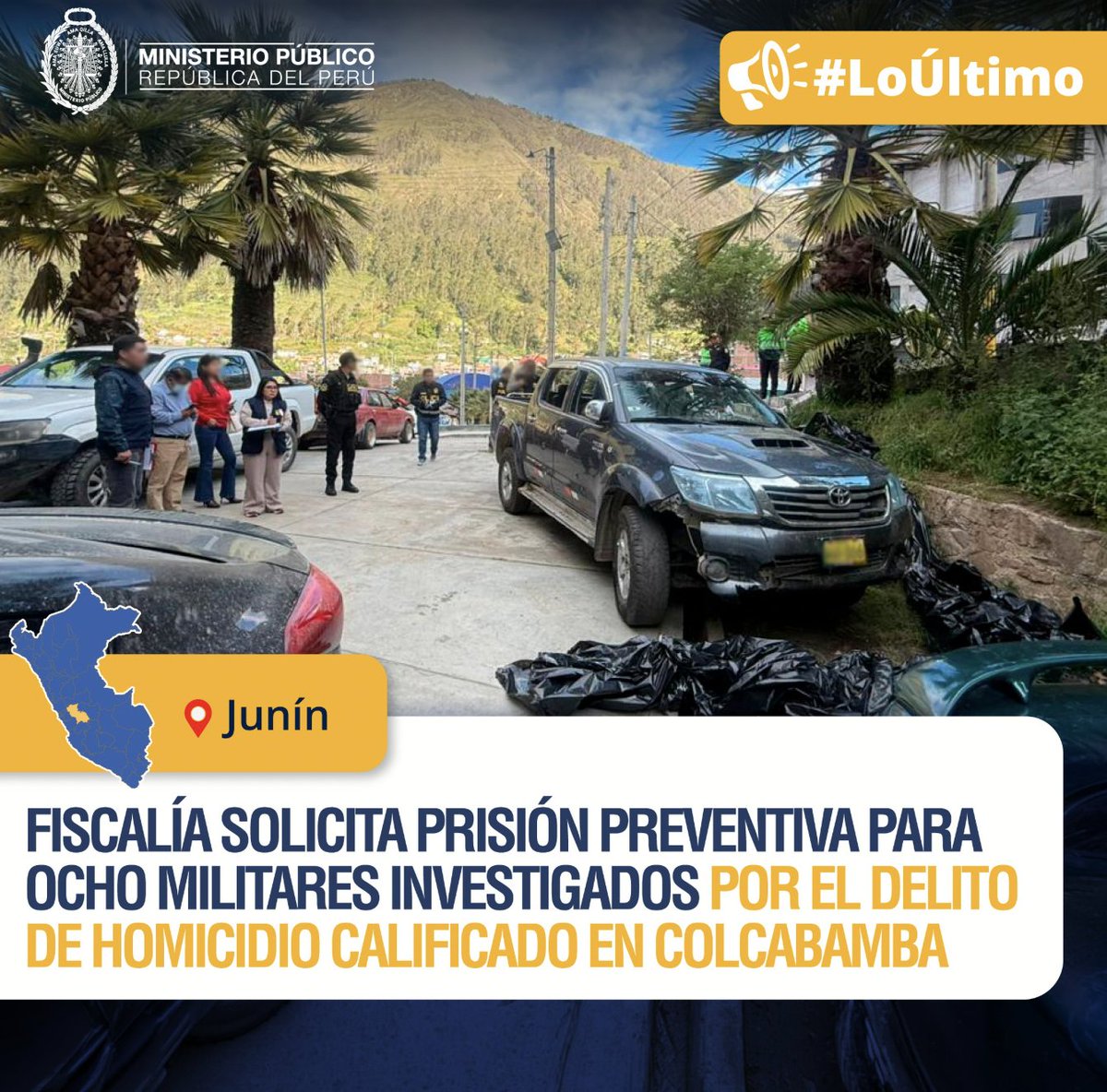 Epicentro_TV's tweet photo. 🚨Caso Colcabamba: a más de un mes de los hechos, la Fiscalía de DD.HH. de Junín solicitó 18 meses de prisión preventiva contra los 8 militares investigados por el operativo que realizaron y que terminó con el fallecimiento de 5 civiles.  "Los imputados, miembros del Ejército del Perú, habrían incurrido en un uso desproporcionado de la fuerza", señaló la Fiscalía.
