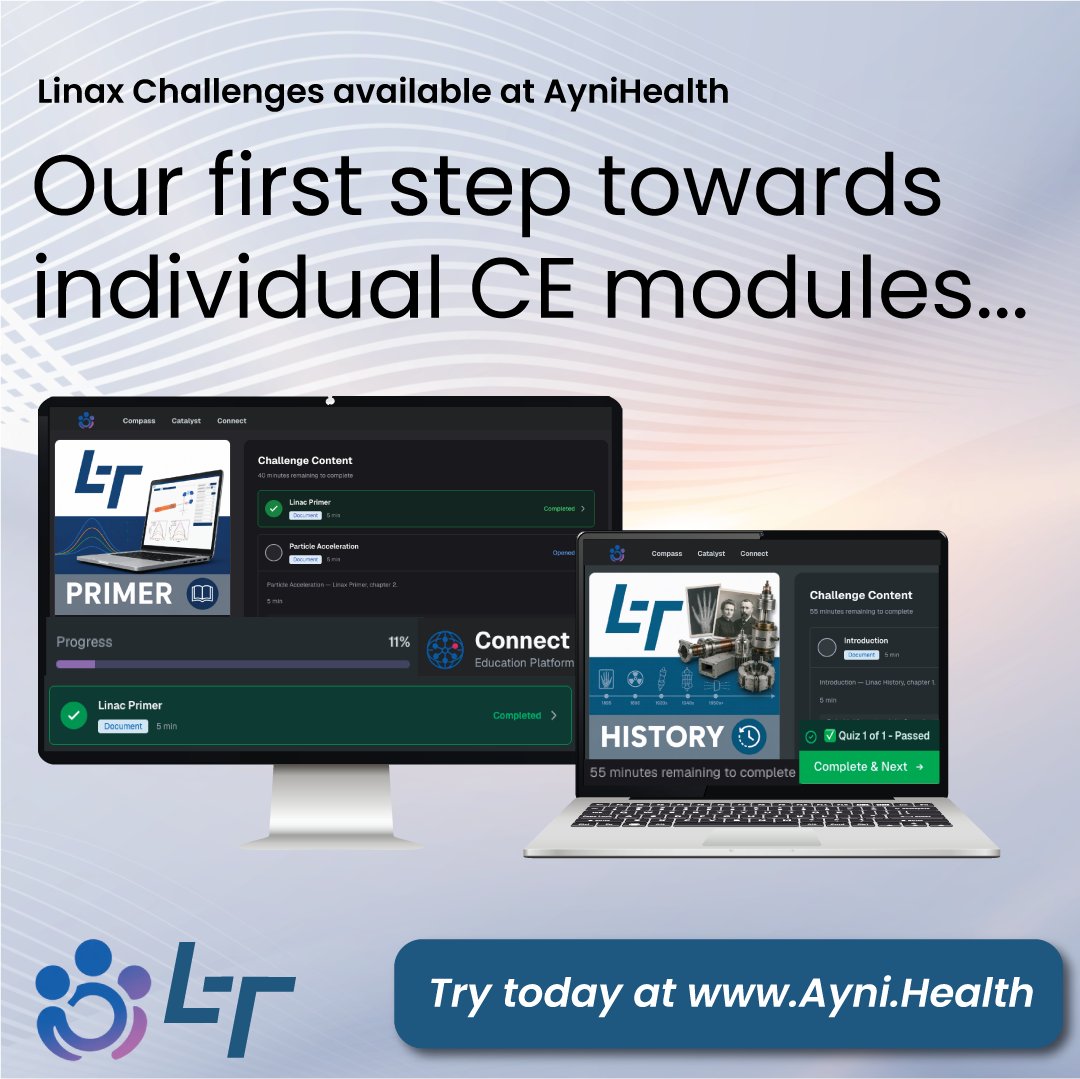 AyniHealth's tweet photo. New Free Linax Challenges live at AyniHealth!
We get asked all the time if we have individual modules for CE we’re listening and
taking the first steps!
You can now try:
• Linac History Challenge
• Linac Primer Challenge
These free challenges will give you a feel for Linax content and what the individual
modules will look like utilising AyniHealth’s amazing interface.
About the partnership: AyniHealth helps clinics turn complex clinical changes
into digestible modules with clear outcomes. Together, we’re packaging Linax’s deep
library into bitesize modules anyone can purchase and learn on demand.
Start the free challenges and explore more from AyniHealth today.
What modules would you like to see first?
#RadiationOncology #MedicalPhysics #Linac #OncologyEducation #VirtualTraining