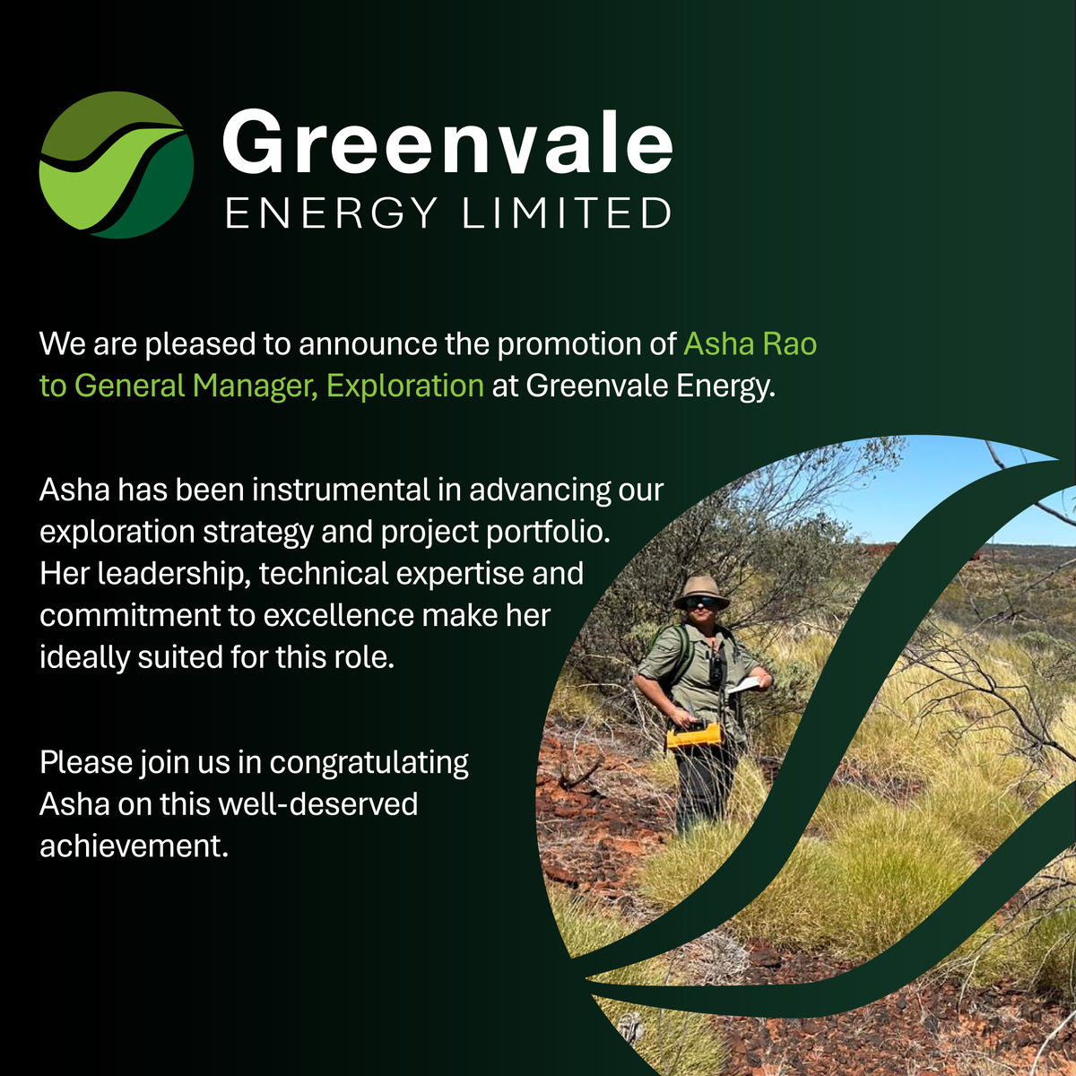 GreenvaleGrv's tweet photo. A huge congratulations to Asha Rao on your well-deserved promotion to General Manager, Exploration. 

#GRV https://t.co/nV9CoALqBb