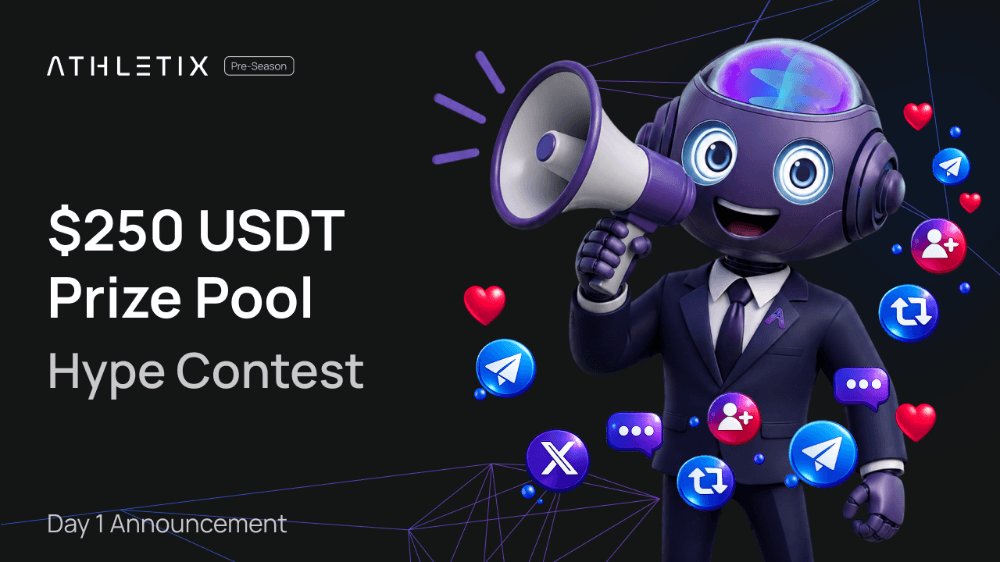 AthletixAi's tweet photo. The Hype Contest is live.

$250 USDT prize pool. Top 10 win. Earn points for social activity around Athletix.

Connect X + wallet, join the Telegram channel + community, you're in.

Full details in the pinned thread.

#Athletix #WorldCup2026 https://t.co/mJIyETNdaX