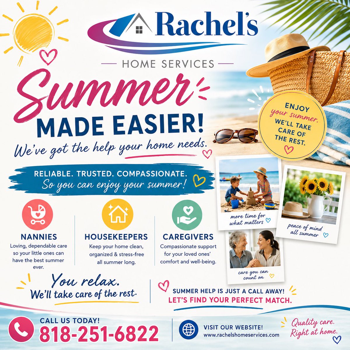 RachelsServices's tweet photo. ☀️ Summer is here—let us help make life easier! Whether you need a trusted housekeeper, caring nanny, or compassionate caregiver, Rachel’s Home Services is here to help. Call us today and enjoy your summer stress-free! 🌴💙

818-251-6822
https://t.co/mnavGqAsZH https://t.co/QPtzzvidG7