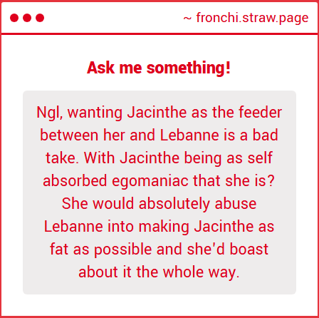 Fronchi_'s tweet photo. I just feel that's less of Lebanne being a feeder and more like Jacinthe just feeding herself (with Lebanne just getting the food for her). I mean I guess that would be Lebanne being a feeder, but I see feeders as the dom usually. Maybe I'm just too simple minded, idk lol. https://t.co/214JbFWtTL