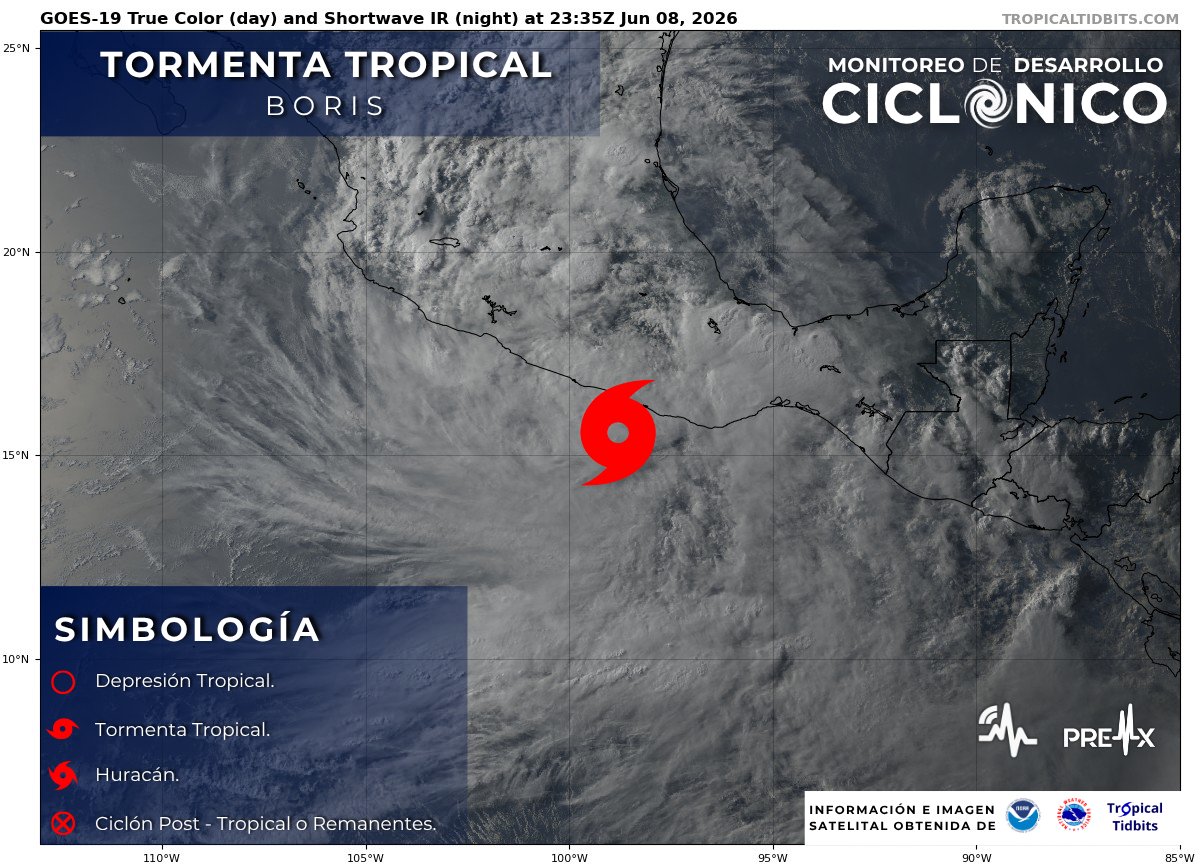SasslaClimaMx's tweet photo. #TenemosCiclón 🌀🔴 | ¡Boris sigue avanzando muy lento y 𝘀𝗲 𝗮𝗰𝗲𝗿𝗰𝗮 𝗮 𝗹𝗮 𝗰𝗼𝘀𝘁𝗮 del sur de México! 

🔎 El #NHC confirma que la Tormenta Tropical Boris mantiene su movimiento lento y peligroso, previendo que 𝘀𝘂 𝗰𝗲𝗻𝘁𝗿𝗼 𝗮𝗹𝗰𝗮𝗻𝗰𝗲 𝗹𝗮 𝗰𝗼𝘀𝘁𝗮 𝗱𝗲 𝗚𝘂𝗲𝗿𝗿𝗲𝗿𝗼 𝗼 𝗢𝗮𝘅𝗮𝗰𝗮 durante esta noche o la mañana del martes.

📍 UBICACIÓN ACTUAL:
Se localizó a 75 km al sur-sureste de Punta Maldonado, Guerrero. Su avance sigue siendo muy lento.

🚨 EL PELIGRO SE PROLONGA: 

⛈️ El movimiento lento del sistema continuará dejando caer una enorme cantidad de agua. Se anticipan acumulados extraordinarios por las lluvias en las porciones costeras de Guerrero y Oaxaca hasta el martes.

⚠️🌊 El riesgo de inundaciones repentinas y deslizamientos de tierra que ponen en riesgo la vida sigue siendo sumamente alto

⛑️ ¡No bajes la guardia por ningún motivo, mantente resguardado y sigue al pendiente de las indicaciones de Protección Civil!

Fuentes: Centro Nacional de Huracanes de los Estados Unidos y Tropical Tidbits.