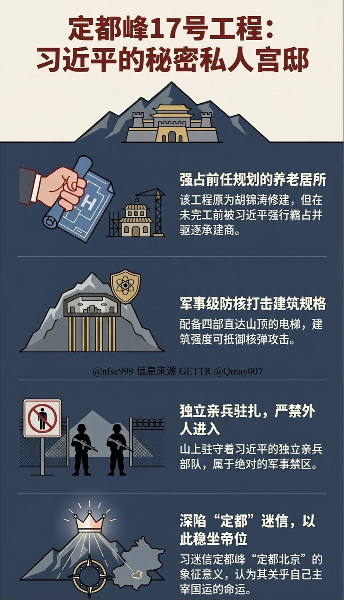 nfsc999's tweet photo. 定都峰17 号工程💥习近平的私人宫邸

位于定都峰山上的私人宫邸，原为2002 年至 2007 年间原为胡锦涛修建的养老院，当时代号为“17 号工程”。但在未完工前，该处便被习近平强行霸占，作为承建商的郭���贵先生也被轰走。

该官邸配有四部电梯从山下直达山上，建筑规格可防核弹打击。山上驻扎着习近平独立的亲兵部队，普通人绝无可能进入。

习近平之所以选在此处，是因为迷信定都峰“���都北京”的含义，认为这关系到他主宰国家、稳坐皇帝位的命运。