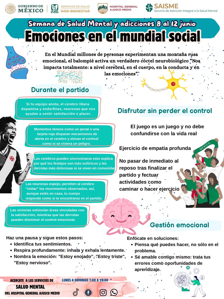 saludmhgam's tweet photo. ⚽🧠 ¡Vive el Mundial con emoción y bienestar! 

Disfruta cada encuentro, reconoce tus emociones, respira, comparte con respeto y recuerda que el juego termina, pero tu bienestar continúa. 💚 #saludmentalhgam #saisme #imssbienestar https://t.co/B3nktCHE8x