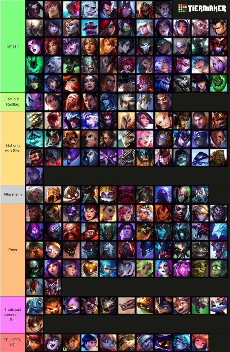 Lumihri's tweet photo. @RinyuVT und ich haben in 5h 40min die League of Legends Smash or Pass Tierlist geschafft!
Stehe hinter dem meisten was da raus gekommen ist.
Redflag ist ziemlich inkonsistenz und ein paar sind nur da drauf weil Rinyu und ich uns nicht einigen konnte xD https://t.co/Xr9DLPcDct