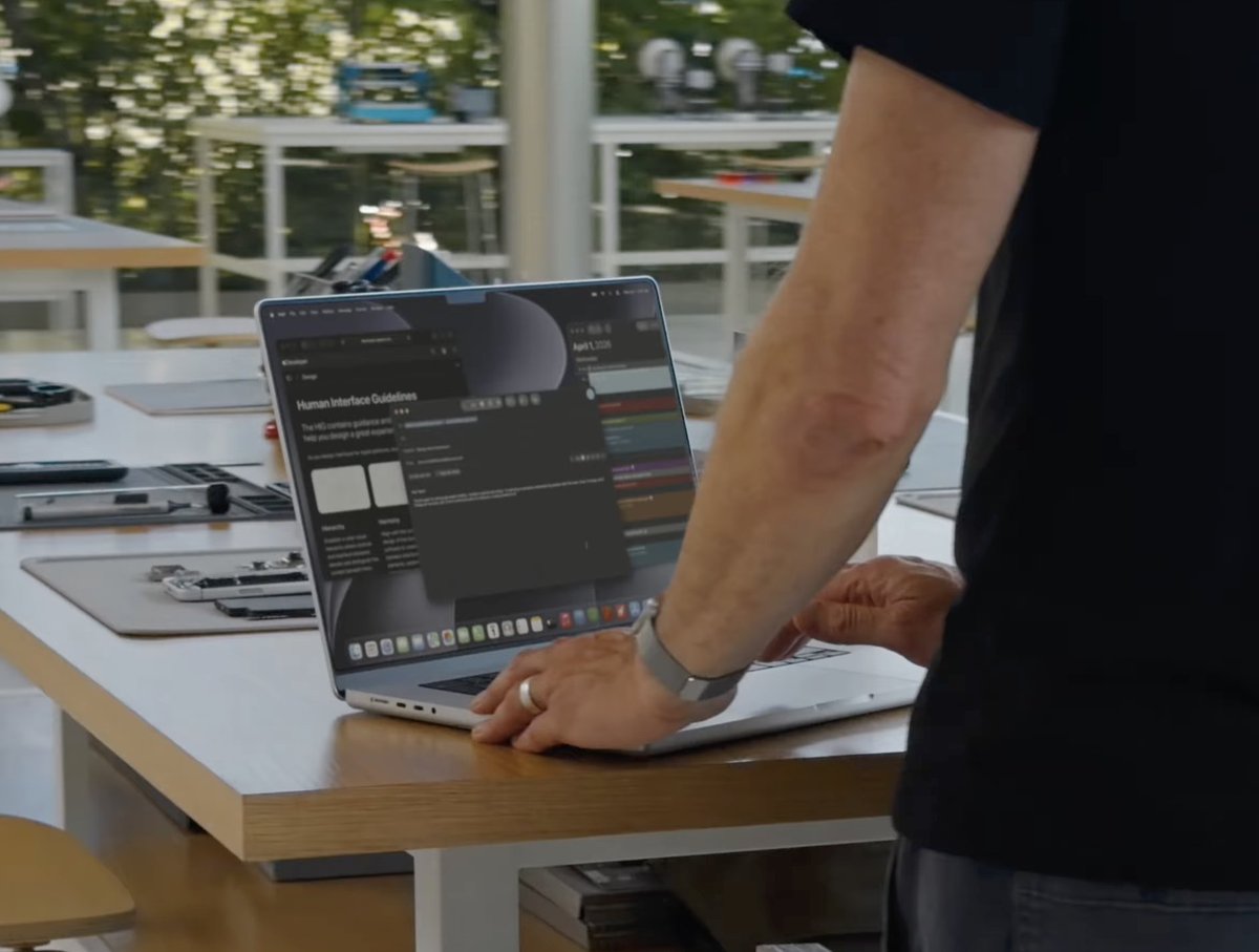 ClassicII_MrMac's tweet photo. The 4th #WWDC26 keynote easter egg. 

Could this be a nod to Apple acknowledging that macOS 27 is working to fix all the design issues in Tahoe???

If you look at the MBPro screen, the engineer/designer is looking at Apple's own Human Interface Guidelines!
🧵 https://t.co/0lhmveJC3w