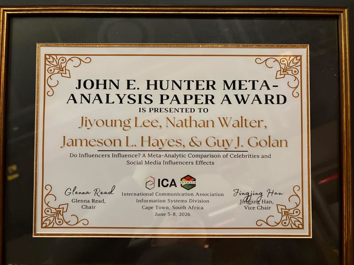 GuyGolan's tweet photo. Happy to learn that our study on the prestigious John E. Hunter award at ICA. Many thanks to my wonderful coauthors Jiyoung @JiyoungLee2g0 Nathan Walter and @JamesonHayes 
This paper was published in @SocialMedia_Soc 
Love the influencer relations field. There is so much to investigate here @TCU @icahdq #influencerrelations