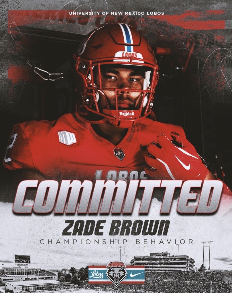zbrown_51's tweet photo. After a great official visit, I am excited to announce my COMMITMENT to the @UNMLoboFB!! I want to thank God, my family, coaches, and teammates for supporting and helping me achieve my goals.@Coach_CBooth @Coach_Eck @Coach_BerryFB @TrainsStation1 @ECucy09 @vvhsfbbooster https://t.co/kMYln5FjFK