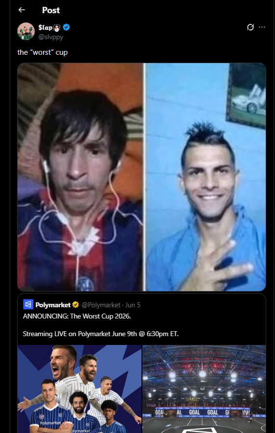 dotmoxbt's tweet photo. The worst cup is world cup parody hosted by Polymarket and its happening TOMORROW

Its already going viral on X with hella memes

The amount of coverage and memes this is gonna get is HUGE

easy runner https://t.co/0ok4otYxVi
