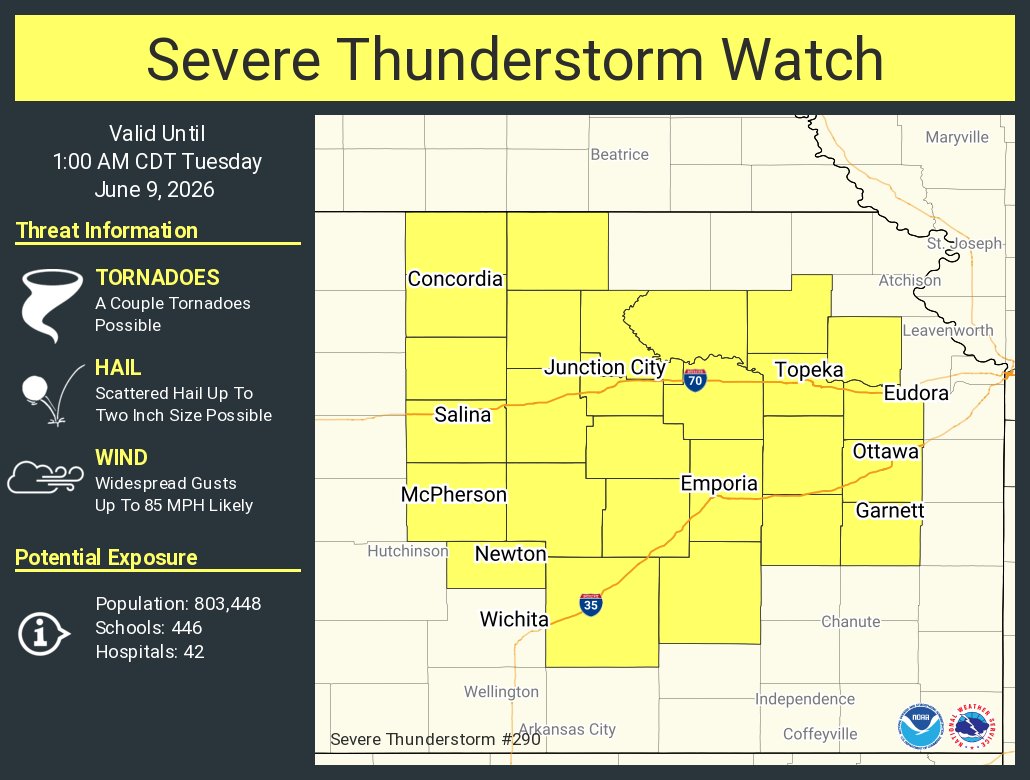 NWSTopeka's tweet photo. A severe thunderstorm watch has been issued for parts of Kansas until 1 AM CDT https://t.co/kUoevCdIAp