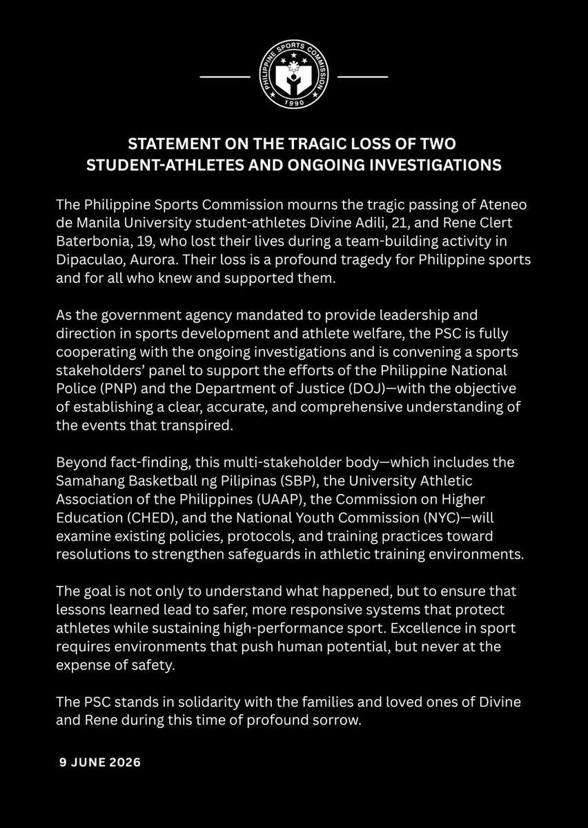 ABSCBNNews's tweet photo. The Philippine Sports Commission said it is convening a sports stakeholders' panel that aims to 'establish a clear, accurate and comprehensive understanding of events.'
PSC aims to 'ensure lessons learned lead to safer, more responsive systems that protect student athletes.' | via @PaigeJavier
Related: https://t.co/oUqOjyeqVB