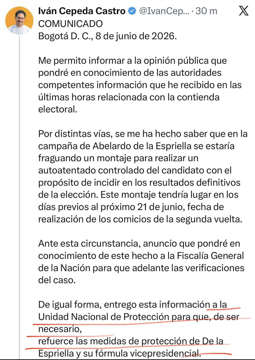 MikyRodriguezO1's tweet photo. Lo más tenebroso del comunicado de Cepeda sobre @ABDELAESPRIELLA es la parte final donde pone en alerta a la @UNPColombia; todos sabemos que el 80% de sus integrantes son del M19 o exguerrilleros de las FARC. 😱 https://t.co/j8jknEE4xV