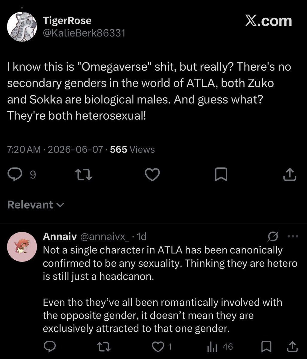 annaivx_'s tweet photo. @KalieBerk86331 Here’s the reminder of how you so blatantly and falsely claimed that Sokka and Zuko are canonically heterosexual. You definitely did not ever say people can believe what they want. https://t.co/6PWBdmZL10