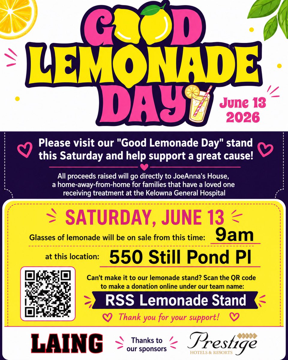michael3erdmann's tweet photo. For the 4th year in a row, I’m proud to volunteer and be part of Good Lemonade Day and help raise money for JoeAnna’s House here in Kelowna. 🍋

Saturday, June 13th at 9am
550 Still Pond Pl
@joeannashouse

JoeAnna’s House helps families stay close to their loved ones while they receive care at Kelowna General Hospital. It’s an amazing local cause, and I’m grateful to support it again this year.

Come visit our RSS Lemonade Stand this Saturday and help support a great cause.

All lemonade proceeds go directly to JoeAnna’s House.

We’re also accepting donations to help support the Rutland Senior Secondary football team, so any extra support is appreciated. @rutland_football 

If you can’t make it in person, you can still help by donating through my link. Any amount helps and means a lot.

Please click the link and support if you can:

https://t.co/nheFFB3SSp

Thank you to everyone who supports, donates, shares, or stops by. 🍋🙏

#givingback #fundraiser #joeannashouse