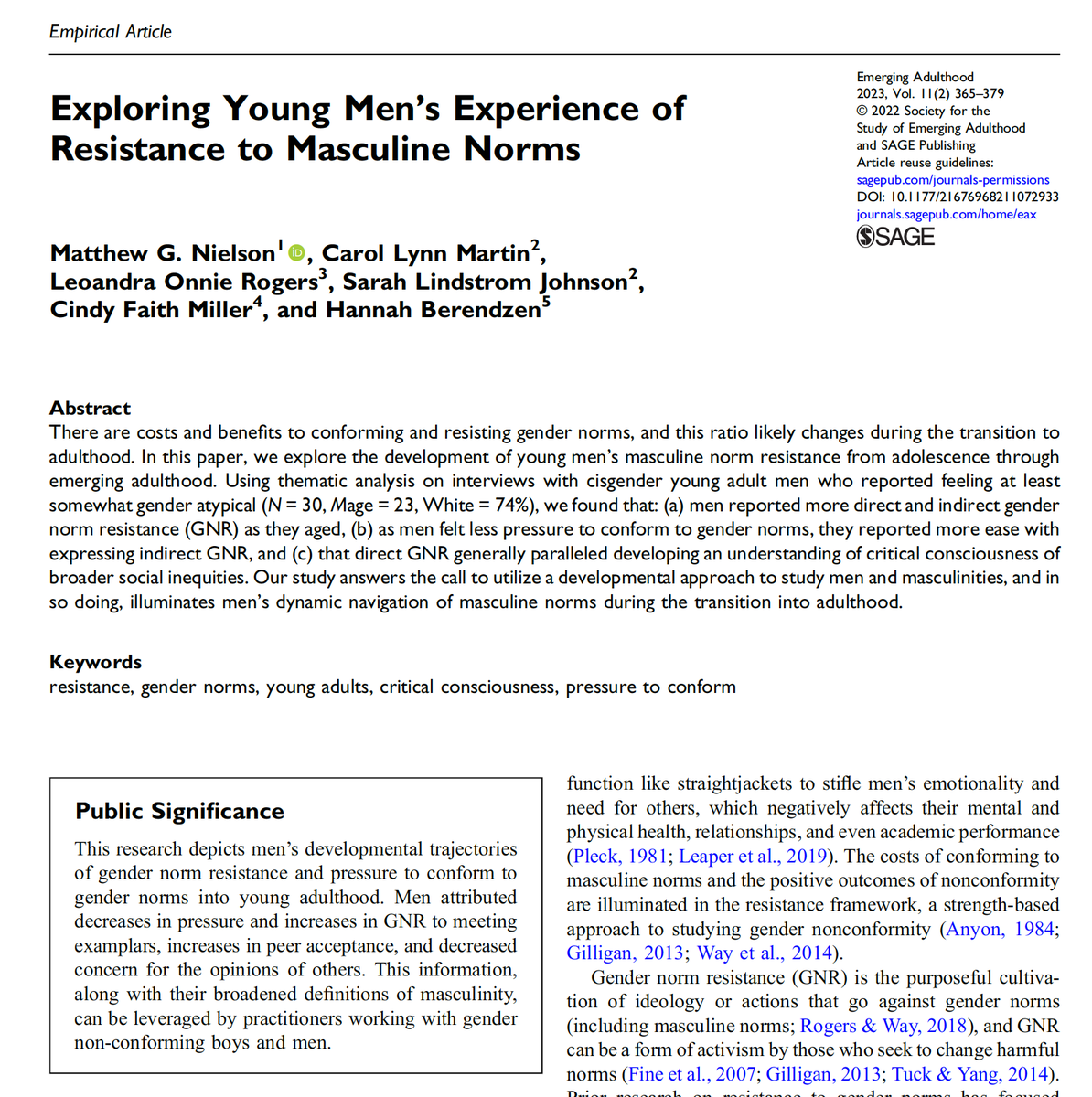 MichaelGLFlood's tweet photo. Young men’s resistance to gender norms: Substantial numbers of young men live in ways that sit outside or challenge stereotypical gender norms, whether deliberately or not. Qualitative research among young men documents patterns of gender non-conformity and resistance.
1/6 https://t.co/8yGra8GaIj