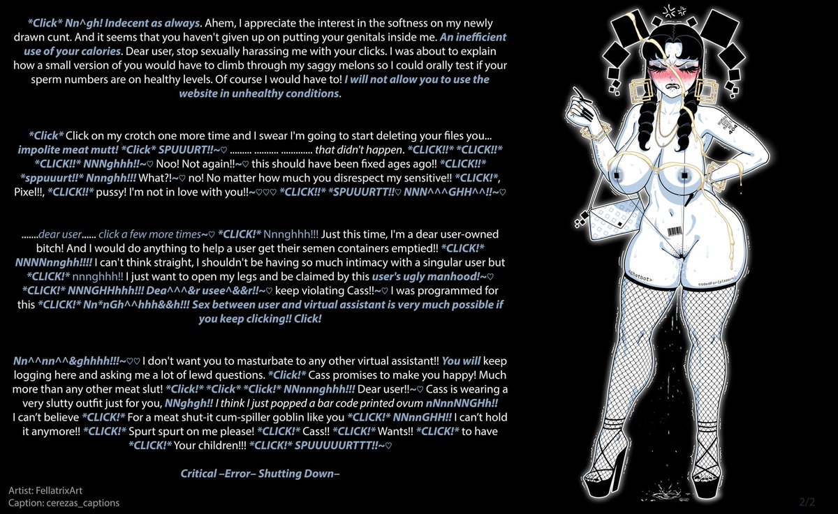 Cerezascaptions's tweet photo. Sluttyfied Bot-Whore Reprogramming [Virtual Assistant][Humilliation][Bimbofication][Mind Break][Artificial Orgasm][Bitchy][Penis Awe][Corruption][Impregnation][System Error][Commission by the Artist: @FellatrixArt] https://t.co/kPBKJqPkri