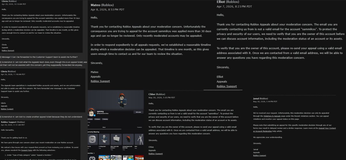 archangehl's tweet photo. ‼️DO NOT SKIP THIS. PLEASE SHARE‼️

@Roblox has NOT been reading my evidence that I have been trying to provide to them about my account termination

This is NOT your typical enforcement ban

I ask that you view ALL screenshots and my post

acksuh and I (sammikyu) were terminated TWICE for an enforcement ban, which links back to a past compromise. Here is what we found:

> Both users were compromised in June of 2022
> Compromised by the same person, different Roblox account
> That person played on my Roblox account
(not confirmed for acksuh, no screenshot evidence)
> Both were terminated on the same date in October of 2025 for the same reason
> Both accounts were reinstated by Roblox
(Roblox support for acksuh, silently for sammikyu)
> Both were terminated on the same date, linked to the same account in March 2026, for the same reason

From this, Roblox must take note of when accounts are compromised so users like us are not penalized years after account recovery. This is miserable.

From the 80+ days of appeals alone, this is what I have been facing:

> Emails not verified, despite being the original
> Premature appeal window closure
> Poor redirection follow-ups through the correct ticket
> Unable to answer the inquiry before the appeal being accepted/rejected
> Adding the "unable to answer the inquiry" without a message sent after the appeal being accepted/rejected
> Redirected to appeal through "Violations & Appeals" even though it does not show there

Here is what I can still do on Roblox:

> Create accounts under the same IP, device, and email
> Play Roblox without penalties from the enforcement ban

There is even an account that had the same issue as us, but was able to get their account reinstated within 2 days. We weren't able to do that because we figured this out about the time our appeal window ended.

Please give acksuh and me a voice. This is far too infuriating to deal with, and there are more than enough screenshots and evidence for Roblox to review it. If they need ticket numbers, we would be more than happy to oblige. They need to review this.

Look at the dates. Look at the reasons. Look at it all.

If it weren't for acksuh reaching out to me about my case, we wouldn't have made this connection. This is more than just a coincidence; it is an issue.

OG POST: https://t.co/M8X9cPzeOD
DEVFORUM: https://t.co/jR1EQXcrzJ
DISCLAIMER: Although the post states it as a "vulnerability," which sounds misleading, it was meant to say "are vulnerable to x."

I will continue to post about this. The enforcement ban topic is the most exhausting of them all, but I will not let it die.

@KreekCraft @SharkBloxYT @Roblox @RobloxNewsroom #roblox #robloxsupport