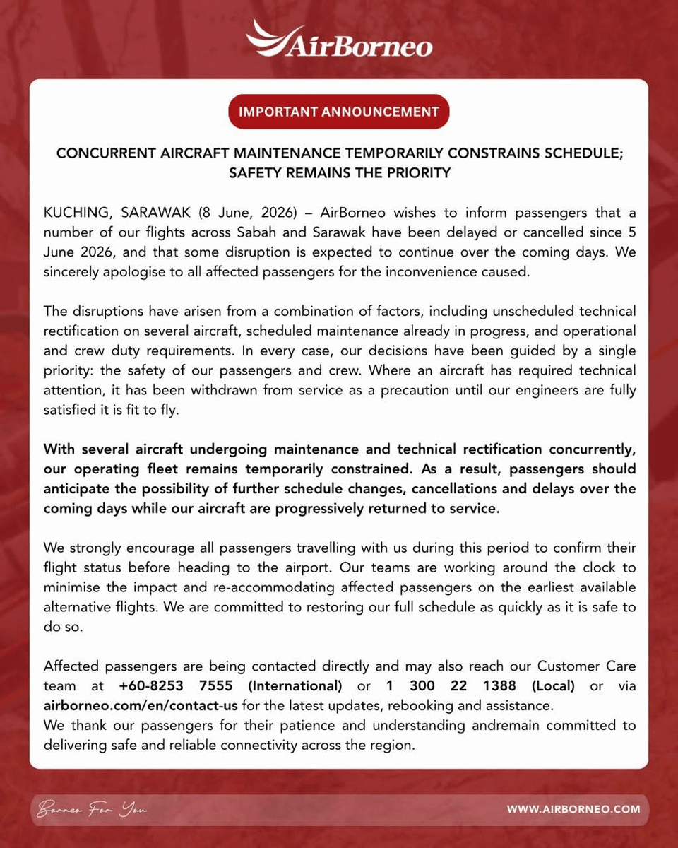 NewsBFM's tweet photo. AirBorneo has warned passengers of delays, cancellations and schedule changes in the coming days due to operational disruptions affecting flights across Sabah and Sarawak since last Friday.

The disruptions were caused by unexpected aircraft repairs, scheduled maintenance and crew duty requirements, with affected aircraft taken out of service until cleared to operate.