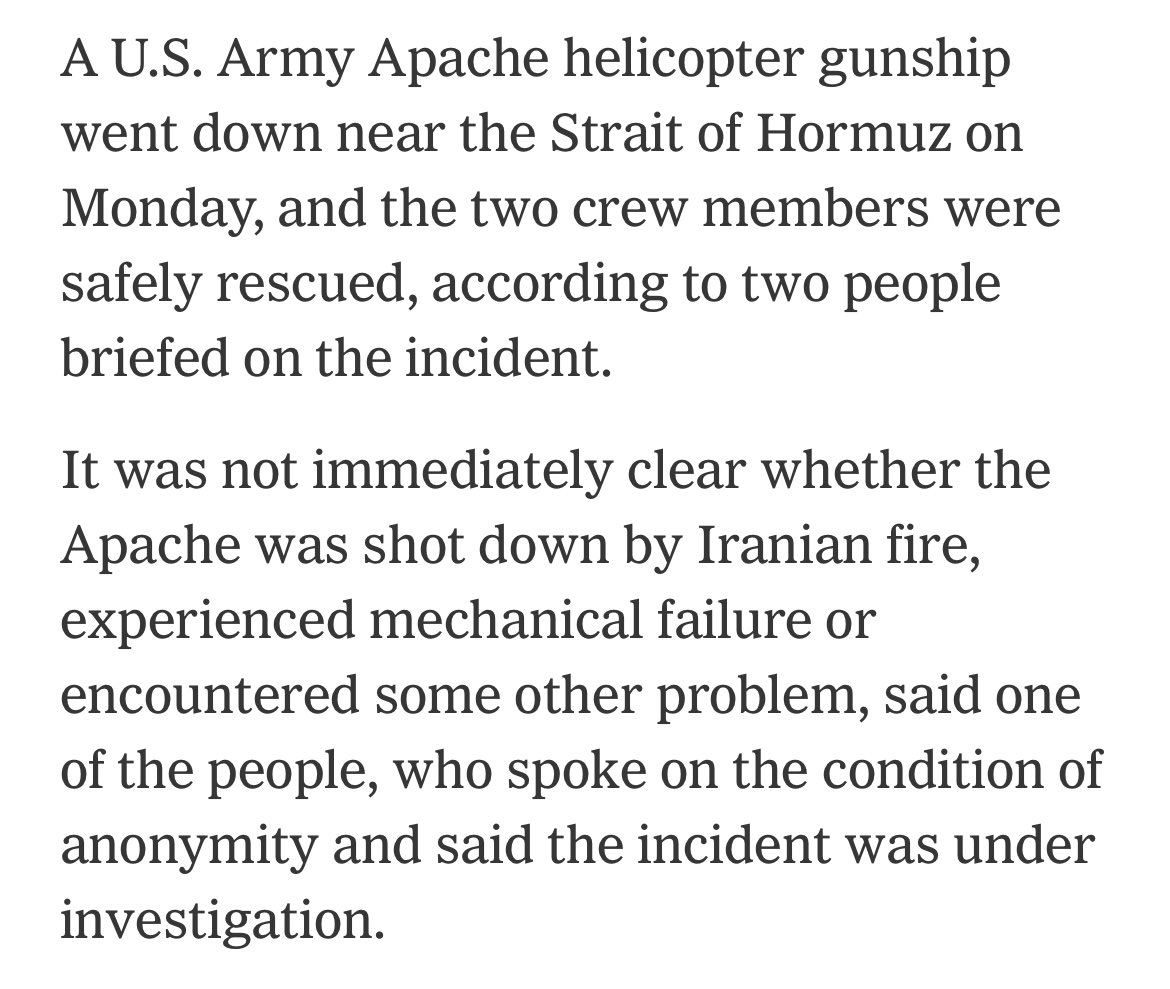 AZ_Intel_'s tweet photo. A U.S. Army Apache helicopter gunship went down near the Strait of Hormuz on Monday, and the two crew members were safely rescued. - NYT https://t.co/CEydk1l3kU