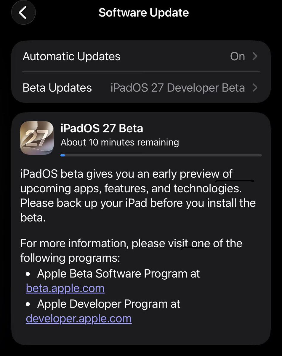 Nithin's tweet photo. M5 iPad Pro is the perfect candidate for the 27 dev beta. https://t.co/iBTIu9fp0j