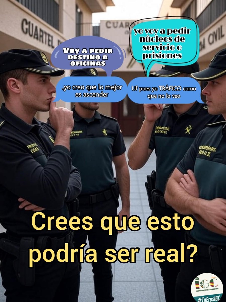 _IGC_'s tweet photo. Guardias civiles en prácticas ahora tienen que pedir destino.

Crees que lo que ponemos en la imagen podría ser real o no se corresponde? 

Años atrás muchas especialidades resultaban tan atractivas, que @guardiasciviles alumnos se ilusionaba cuando iban a buscar candidatos a las Academias y los de prácticas estaban deseando entrar en ellas. 

Hoy en día la cosa ha cambiado. Cada vez resultan menos llamativas y hay cursos, sobre todo en Tráfico🚦que ni se cubren. 

Es necesario darles un nuevo impulso, con mejores condiciones socio-laborales y económicas.

@Interiorgob @guardiacivil