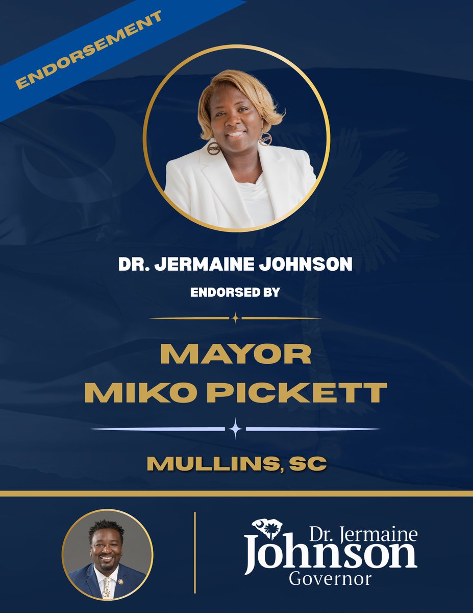 Dr_JLJohnson's tweet photo. Proud to receive the endorsement of Mayor Miko Pickett of Mullins.
The momentum is growing, and leaders across our state are stepping up to support a vision that puts people first.
https://t.co/gWBw9vMJ3w
#NEWSC #TeamJermaine #MullinsSC #PeopleOverPolitics #SCPolitics https://t.co/IoQnbG3Y2e