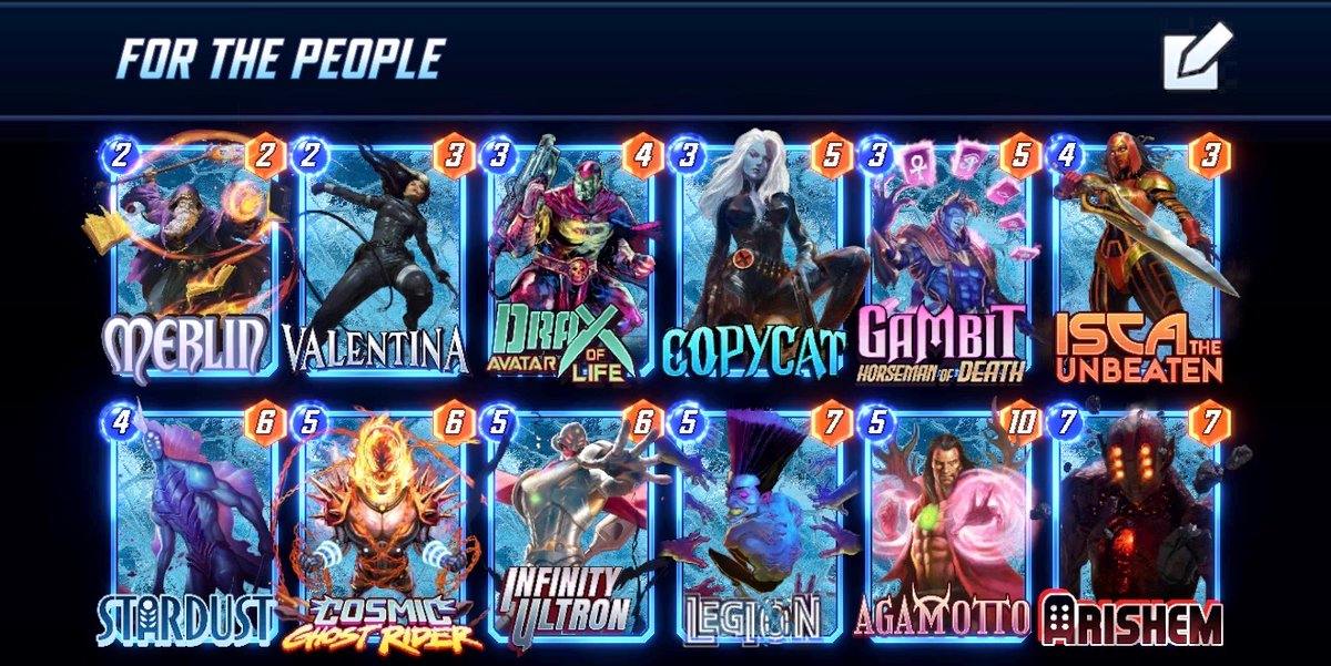 e_____LA's tweet photo. Infinite Decks I used this season, was going to bring the arishem list to the golden gauntlet qualifier 2 for a huge pack if I won lol, but had some things come up, used it from 70-90 in preparation, finished the climb after hot location with this Thanos list, MB is the last card https://t.co/IuAl46KNuu