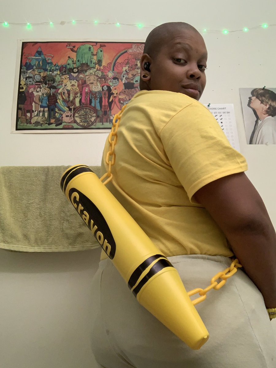 HexagonProxy's tweet photo. @jinxsreturn @StreetFashion01 Thank you! The crayon was a coin bank from the dollar store. I cut the bottom off and made it into a lid, and painted the wrapper black. I keep trinkets and candy inside. 

If i were in a video game, i would wield this as my weapon. https://t.co/pkjrH78Kok