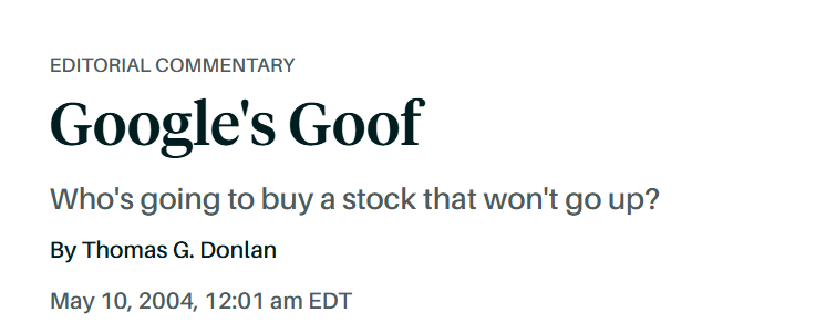 RyanDetrick's tweet photo. I'm old enough to remember another very big/popular IPO that was broadly panned as too expensive and that was Google in 2004. https://t.co/quDKKkfFUN