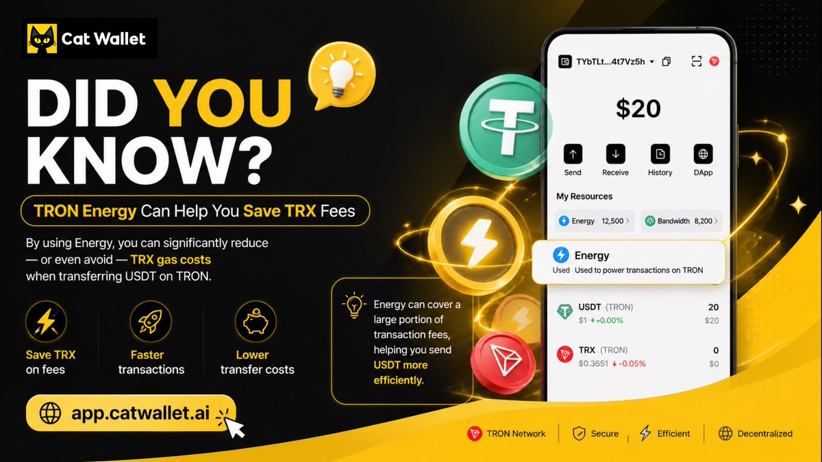 CatWallet_ai's tweet photo. 💡 Did You Know?

Many #TRON users spend $TRX on every $USDT transfer.

But with #Energy, transaction fees can be reduced dramatically.

Before your next transfer, check whether Energy can save you TRX.

🔋 Save TRX
⚡️ Faster transfers
💰 Lower costs

🌐 https://t.co/VNfMfX9z8k

#CatWallet