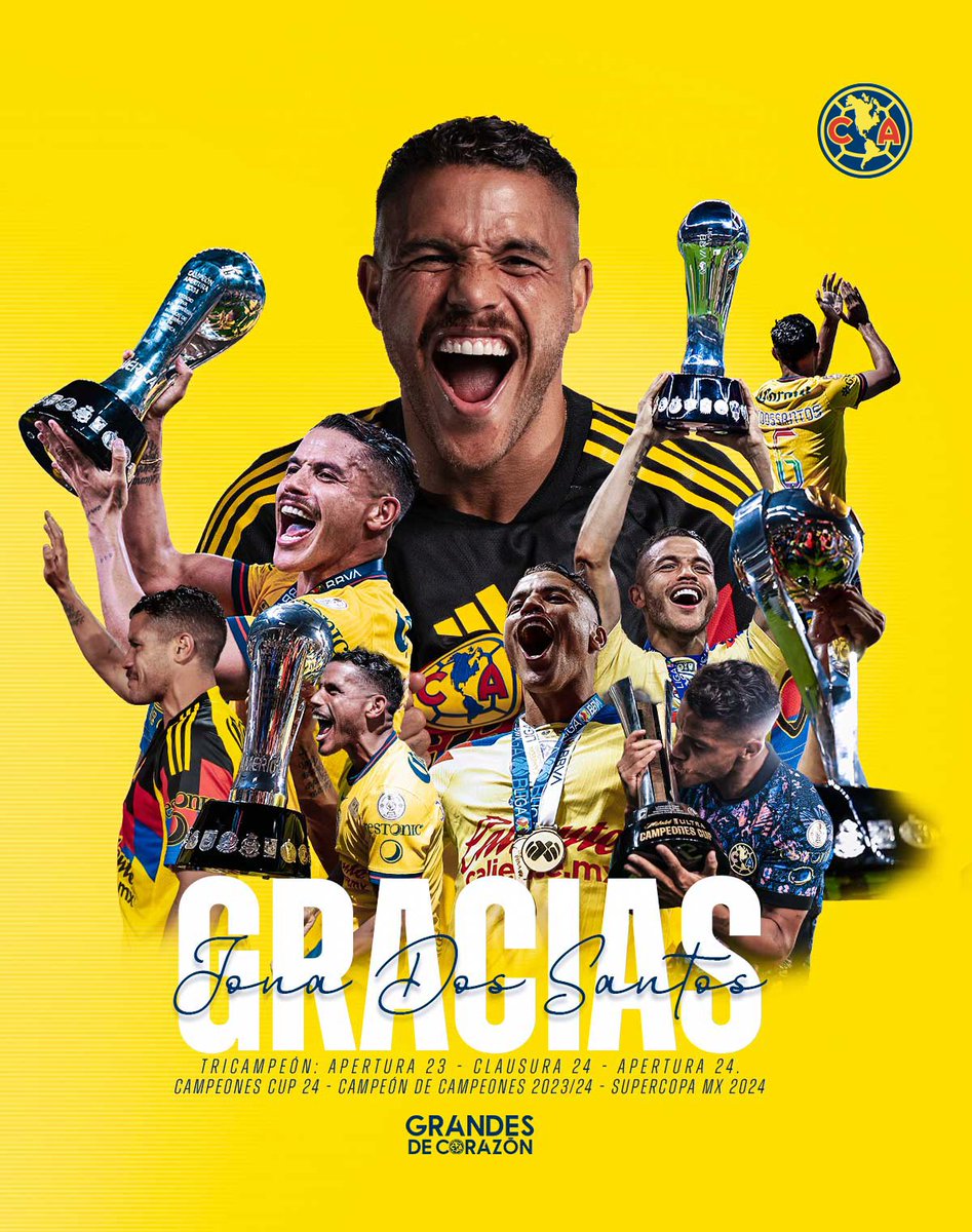 ClubAmerica's tweet photo. Irmão, Jonathan dos Santos.

No nos queda más que agradecerte por todo lo que conseguimos juntos, por siempre dar tu máximo en la cancha y entregarte totalmente con pasión a nuestra playera.

Te vas como Tricampeón e ícono en nuestra historia. Como un Capitán y la viva representación de lo que es ser Águila.

Mucho éxito en todos tus futuros proyectos, el América siempre será tu casa.

#GrandesDeCorazón #CorazónDeCampeón