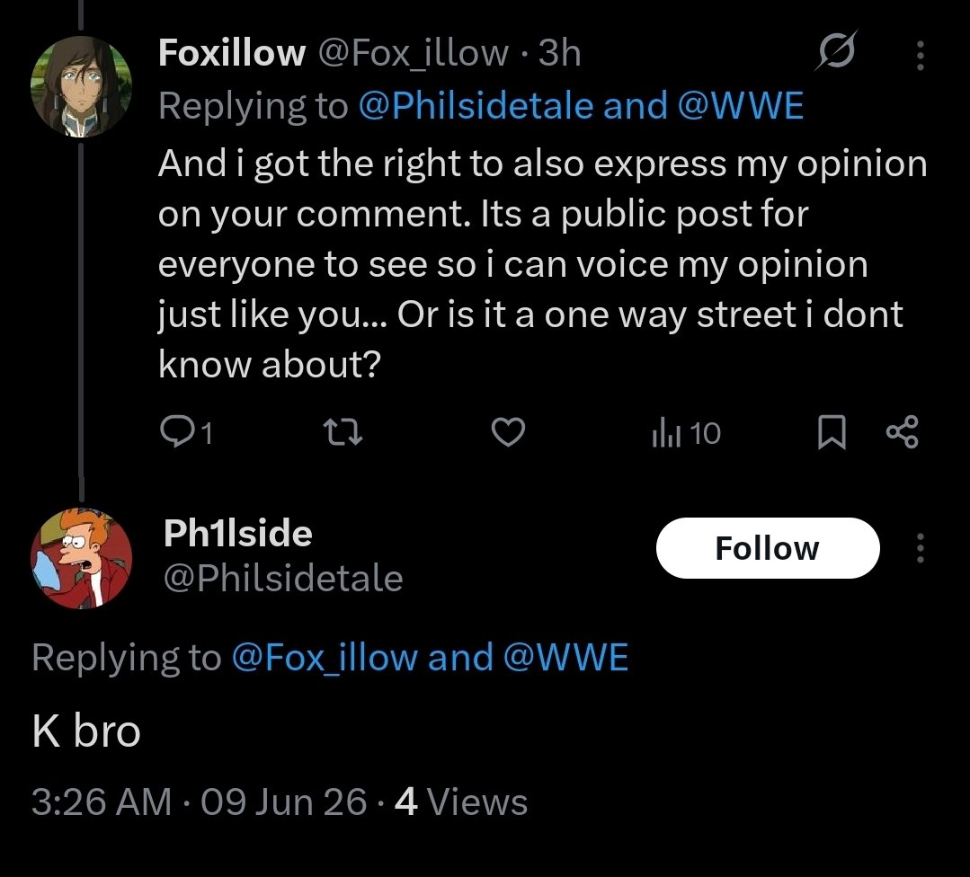 Fox_illow's tweet photo. @Philsidetale @WWE K bro and then blocking 😂 proving my point about people like u omg. Cries about its their opinion and they got a right to say it. Then getting pissy when someone else does the same thing with their rights https://t.co/NxfPTLLwpf