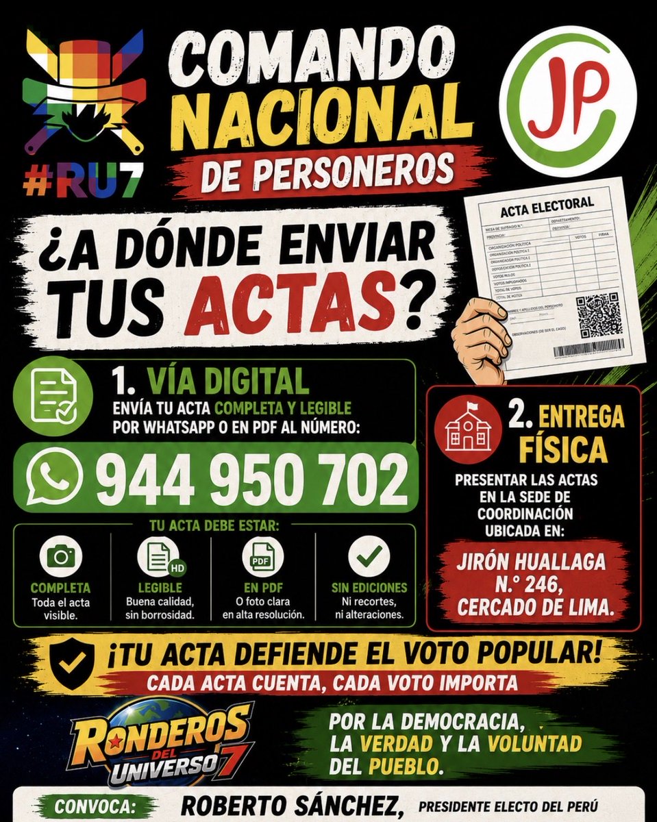 ronderospe's tweet photo. Se convoca con carácter de urgencia a todos los personeros del partido desplegados en Lima Metropolitana, regiones del país y circunscripciones electorales en el extranjero, a remitir las copias de las actas electorales correspondientes a la Segunda Vuelta de #EleccionesPerú2026 https://t.co/Sd1sXZochJ