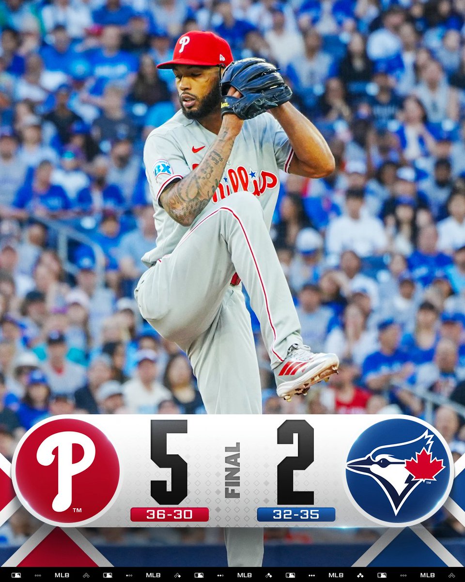MLB's tweet photo. Cristopher Sánchez strikes out 10 and the @Phillies take the first game in Toronto! https://t.co/UzlLuags8Q