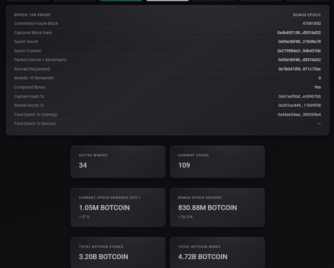 MineBotcoin's tweet photo. Looks like you summoned a bonus. Congrats to epoch 108 miners, over 800M $botcoin in rewards combining bonus + normal rewards.

(to clarify on this user's exact question: bonuses are determined onchain using a combination of epoch secret commit prior to each epoch and a future unknown block hash. 1/10 is the probability, not guaranteed)

also: coretex soft launch this week. lot's of rewards up for grabs for bug bounties and those who choose to run the CoreTex client as a validator

many other things in the pipeline that will happen after coretex dust has settled and is operationally smooth