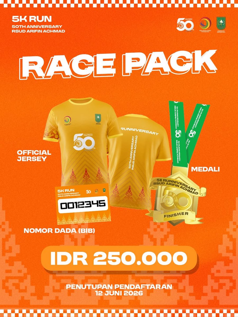 JadwalLari's tweet photo. 👟The RSUD Arifin Achmad 5K Runniversary
🗓️Minggu, 5 Juli 2026
🏃♂️5K
🏠RSUD Arifin Achmad, Jl. Diponegoro No.2, Kota Pekanbaru, Riau
#JadwalLari #FunRun #InfoLariPekanbaru #EventLariPekanbaru #50thanniversaryrsudarifinachmad https://t.co/UKIl2MAeir