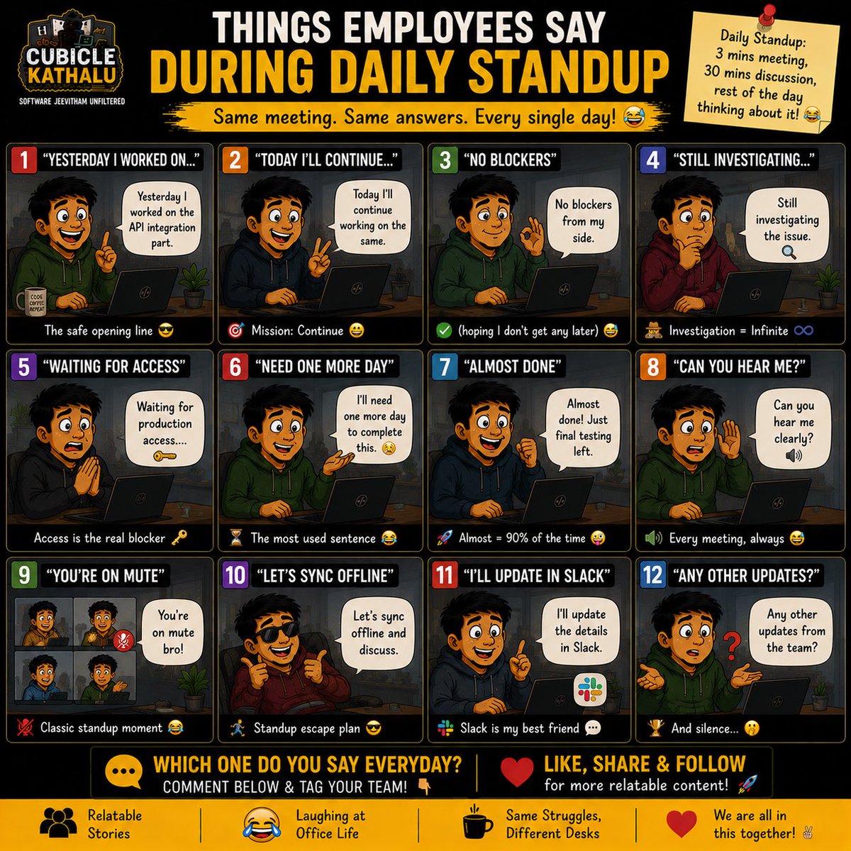 CubicleKathalu's tweet photo. Daily standup starter pack 😭

🟢 No blockers
🟢 Need one more day
🟢 Waiting for access
🟢 You're on mute
🟢 Let's sync offline

Same meeting.
Every day 😂

#CubicleKathalu https://t.co/tdRcOek6xW