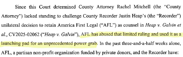 brahmresnik's tweet photo. LEGAL BEAT Maricopa County Board attorney: Stephen Miller's law firm America First Legal has effectively taken over Maricopa County Recorder's Office in "unprecedented power grab" - and that's illegal. https://t.co/2i11W51kHv https://t.co/vxhDfbXv7J