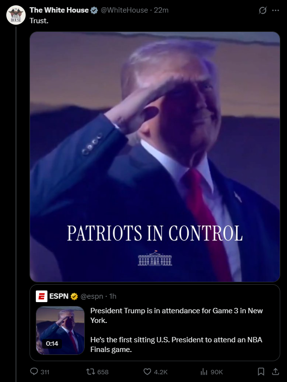 PokerPolitics's tweet photo. Trump went to the NBA Finals so his social media team could post a shoutout to QAnon. https://t.co/Fs4zbhD11J