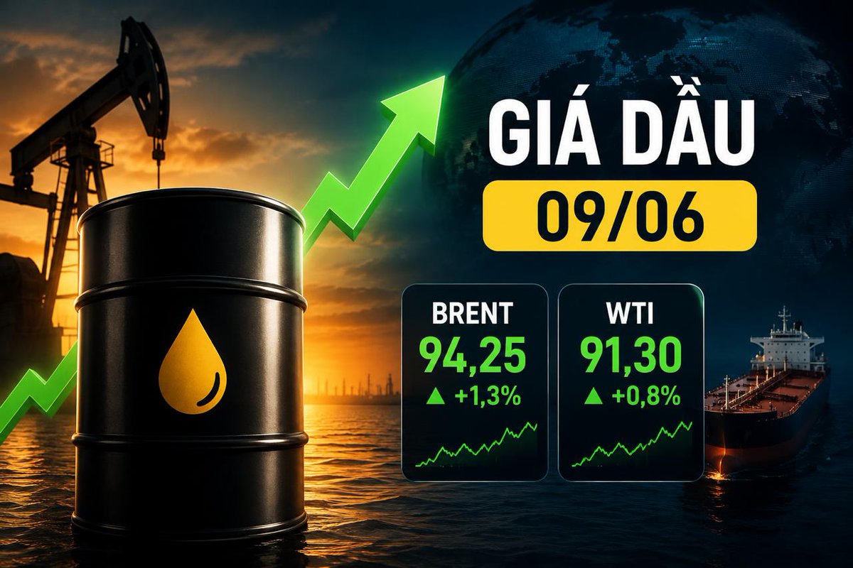 TradeALot_'s tweet photo. 🛢 CẬP NHẬT GIÁ DẦU #USOIL 09/06

Giá dầu thế giới tăng trở lại sau khi Iran và Israel tuyên bố tạm ngừng các cuộc tấn công lẫn nhau.

• Dầu #Brent: 94,25 USD/thùng (+1,3%)
• Dầu #WTI: 91,30 USD/thùng (+0,8%)

Trong phiên, giá dầu từng tăng hơn 5% do lo ngại xung đột Trung Đông leo thang và nguy cơ gián đoạn nguồn cung qua eo biển Hormuz.

Dù hai bên phát tín hiệu hạ nhiệt, Iran cho biết sẽ tiếp tục đáp trả nếu Israel nối lại các cuộc tấn công tại Lebanon.

OPEC+ tiếp tục nâng sản lượng thêm 188.000 thùng/ngày từ tháng 7/2026. Tuy nhiên, nhiều chuyên gia cho rằng tác động thực tế sẽ không lớn do nhiều thành viên đang gặp khó khăn trong việc tăng sản lượng.

➡️Thị trường dầu mỏ vẫn đang theo dõi sát diễn biến tại Trung Đông, đặc biệt là tình hình tại eo biển Hormuz – tuyến vận chuyển dầu quan trọng bậc nhất thế giới.