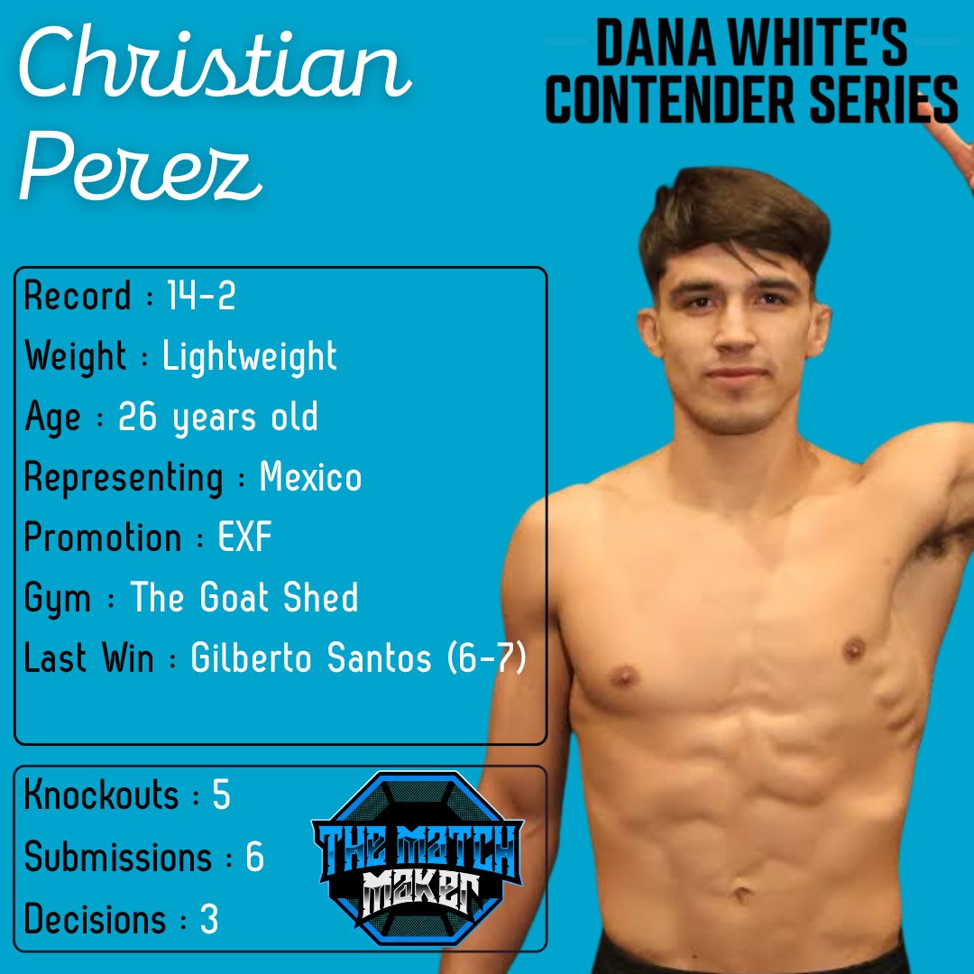 MMA__Matchmaker's tweet photo. 🚨DWCS NEWS🚨

My turn ! Per sources, 🇲🇽Christian Perez (14-2) will be back on #DWCS this upcoming summer ! He was defeated in a heartbreaking come-from behind performance last year.

#MMA #UFC https://t.co/S8BwhjyQwM