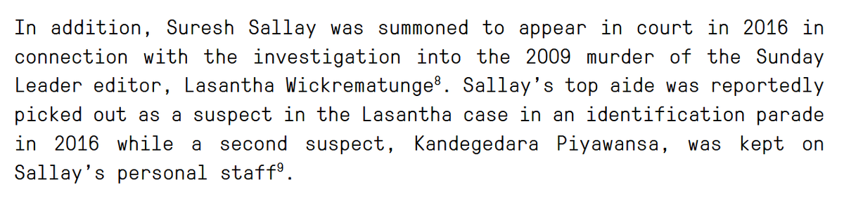 rukitweets's tweet photo. #SureshSallay has been accused of torture, denying medical treatment to detainees, threatening their families & also summoned to court in relation to murder of #LasanthaWickrematunge & Disappearance of #PrageethEkneligoda. As per @itjpsl No information about investigations https://t.co/o1wN0AJue9
