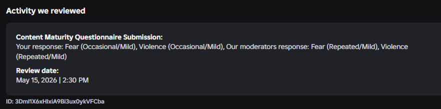 kalgukso's tweet photo. @robloxdevrel @KoolKidLumboc @MisfitsGG @KreekCraft The initial takedown. (2/6)
 
Our game was first taken down with no warning because our maturity label supposedly did not match the moderator’s rating. We IMMEDIATELY CHANGED it. To be safe, we even updated the overall maturity rating from Mild (9+) to Moderate (13+) https://t.co/dYKhfuyT4Q