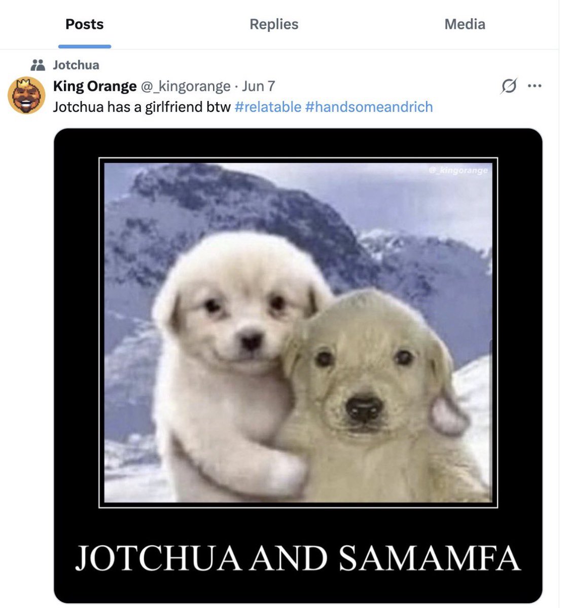 ZAPpenguinn's tweet photo. Would love to see a join push for both of @_kingorange memes. 
The dynamic duo love story! 💙
Love what $jotchuas doing HODL forever! https://t.co/mFGOCWyP6u